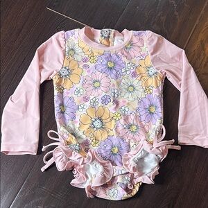 Caden Lane ToddlerFloral Long Sleeve One-Piece Swimsuit - Pink, Lavender, Yellow